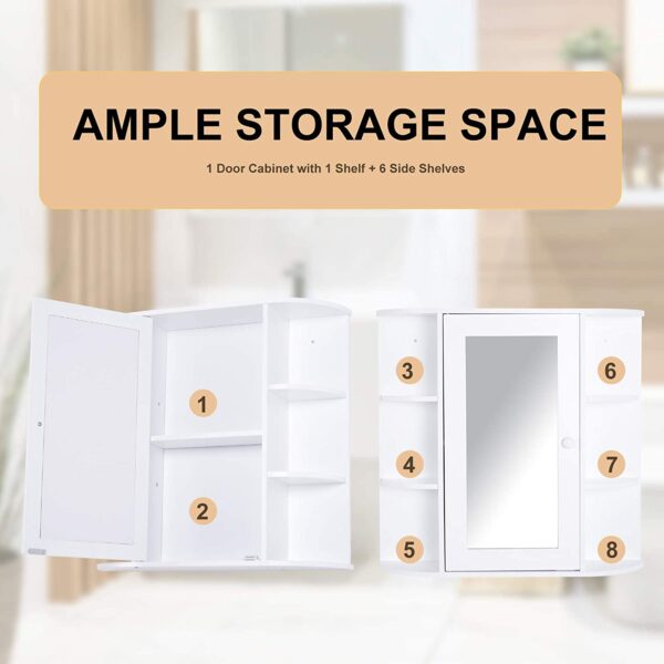 #BA-009 White 1 Door Medicine Cabinet with Mirror & External Shelves - Image 7
