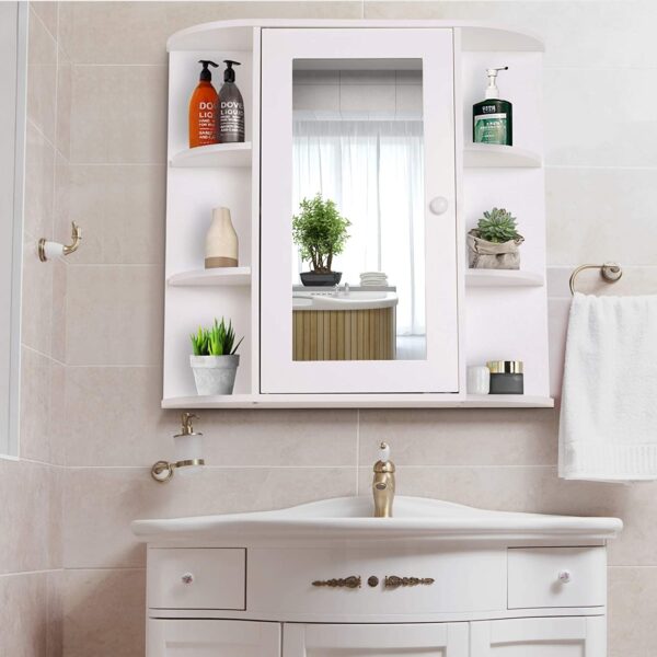 #BA-009 White 1 Door Medicine Cabinet with Mirror & External Shelves - Image 9