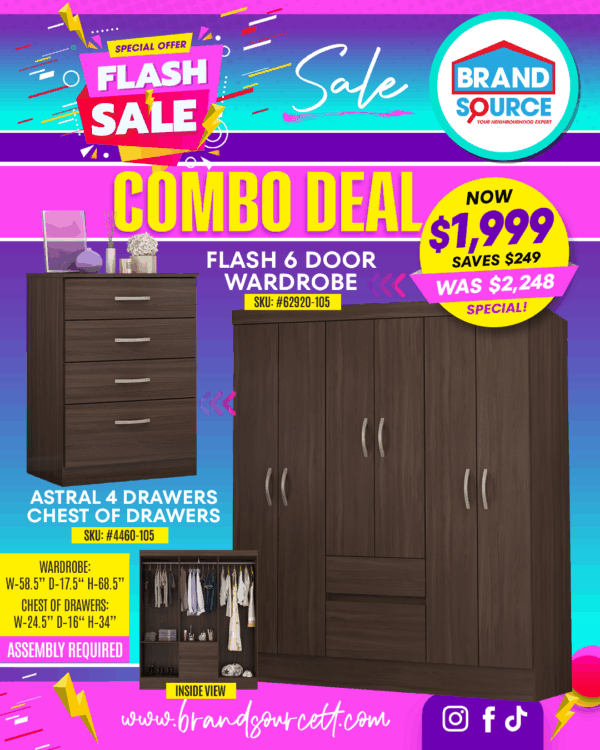 Combo Deal: Flash 6 Door Wardrobe & Astral 4 Drawers Chest of Drawers – Ebony Finish