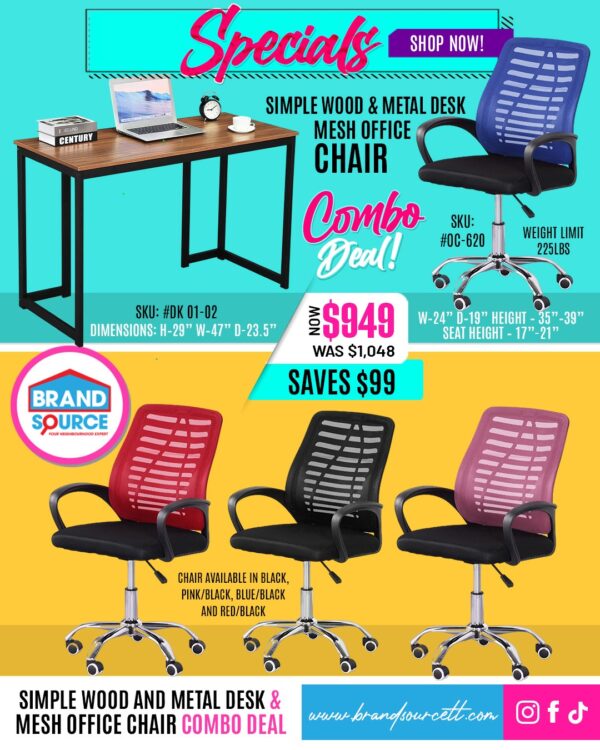 Combo Deal: #DK 01-02 Simple Wood & Metal Desk & #OC-620 Mesh Office Chair