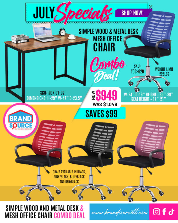 Combo Deal: #DK 01-02 Simple Wood & Metal Desk & #OC-620 Mesh Office Chair