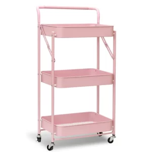 #CHA 25-07 Metal 3 Tier Foldable Cart with Handle – Pink