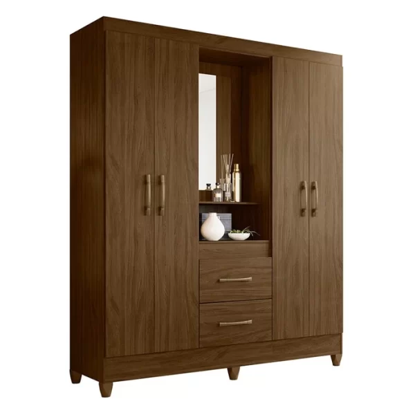 Niteroi 4 Door + 2 Drawer Wardrobe with Mirror - Brown - Image 2