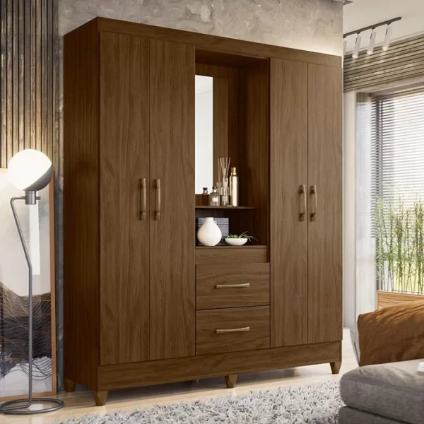 Niteroi 4 Door + 2 Drawer Wardrobe with Mirror - Brown