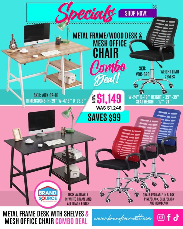Combo Deal: #DK 02-01 Wood & Metal Desk with Shelves & #OC-620 Mesh Office Chair
