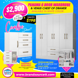 Combo Deal: Panama 6 Door Wardrobe & Venus Chest of Drawers – White