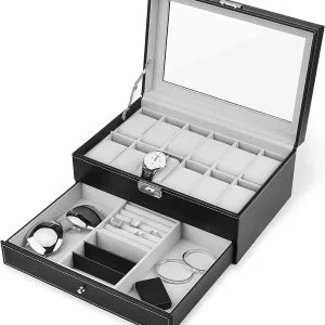 #WB 01-09 Black 12 Unit Watch Box with Jewellery Drawer