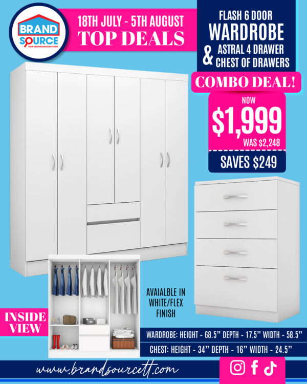 Combo Deal: Flash 6 Door Wardrobe & Astral 4 Drawers Chest of Drawers - White Finish