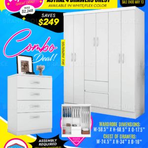 Combo Deal: Flash 6 Door Wardrobe & Astral 4 Drawers Chest of Drawers - White