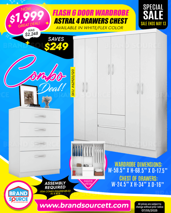 Combo Deal: Flash 6 Door Wardrobe & Astral 4 Drawers Chest of Drawers - White