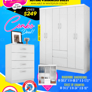 Combo Deal: Flash 6 Door Wardrobe & Astral 4 Drawers Chest of Drawers - White Finish
