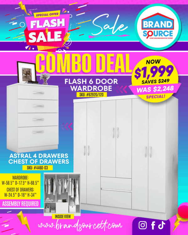 Combo Deal: Flash 6 Door Wardrobe & Astral 4 Drawers Chest of Drawers - White Finish