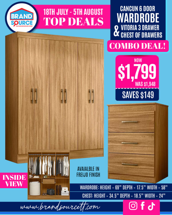 Combo Deal: Cancun 6 Door Wardrobe & Vitoria Chest of Drawers - Freijo Finish