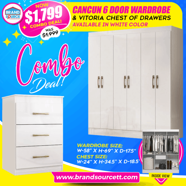 Cancun 6 Door Wardrobe & Vitoria Chest Combo - White
