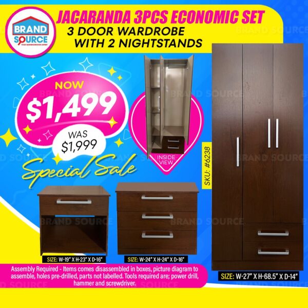 Jacaranda 3PCS Economic Set  - 3 Door Wardrobe with 2 Nightstands