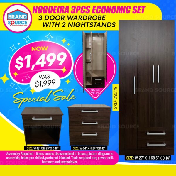 Nogueira 3PCS Economic Set  - 3 Door Wardrobe with 2 Nightstands