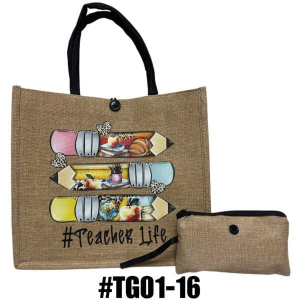 Printed Jute Tote Bag with Mini Cosmetic Pouch - Teachers - Image 3