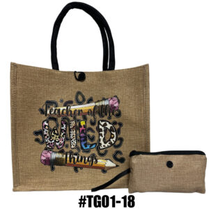 #TG 01-18 Printed Jute Tote Bag with Mini Cosmetic Pouch - Teachers