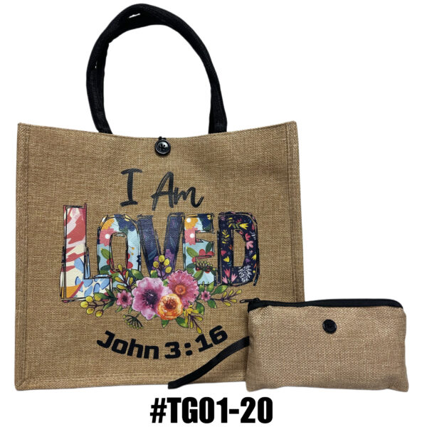 Printed Jute Tote Bag with Mini Cosmetic Pouch - Religous - Image 2