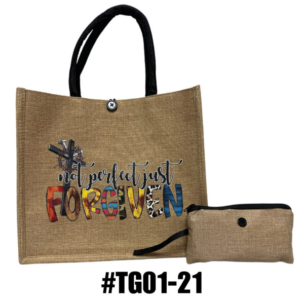 Printed Jute Tote Bag with Mini Cosmetic Pouch - Religous - Image 3