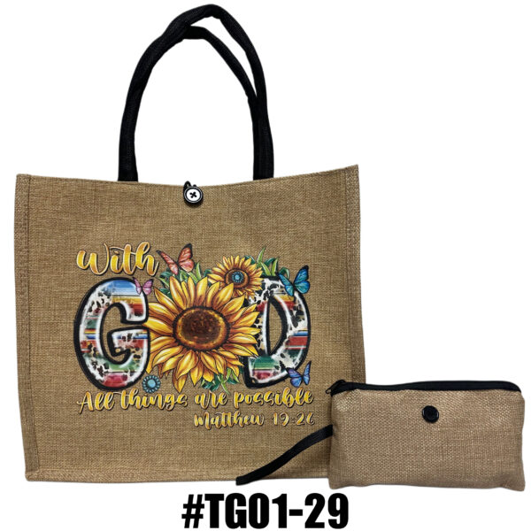 Printed Jute Tote Bag with Mini Cosmetic Pouch - Religous - Image 4