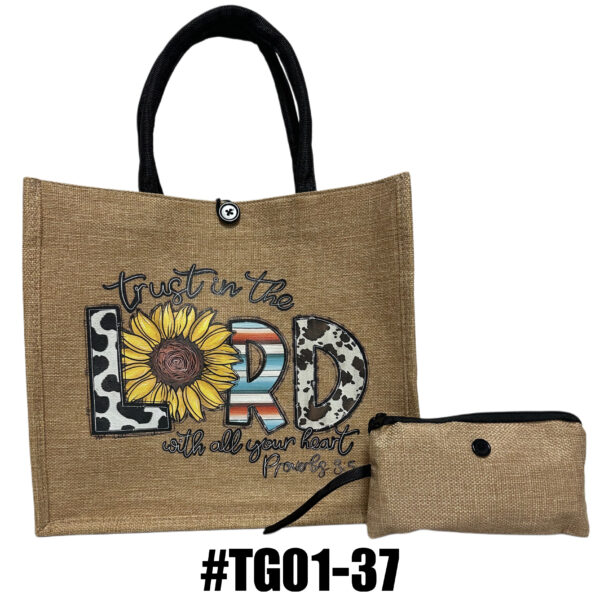 Printed Jute Tote Bag with Mini Cosmetic Pouch - Religous - Image 5