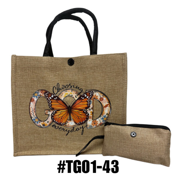 Printed Jute Tote Bag with Mini Cosmetic Pouch - Religous - Image 6