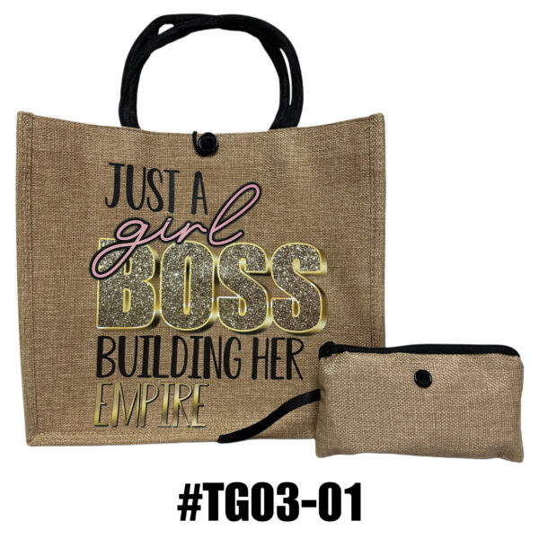 Printed Jute Tote Bag with Mini Cosmetic Pouch - Graphic - Image 2