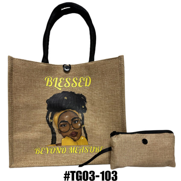 Printed Jute Tote Bag with Mini Cosmetic Pouch - Black Women - Image 4