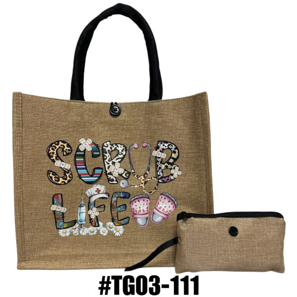 Printed Jute Tote Bag with Mini Cosmetic Pouch - Scrubs - Image 2