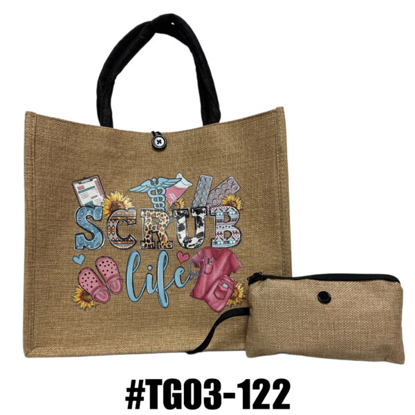 Printed Jute Tote Bag with Mini Cosmetic Pouch - Scrubs