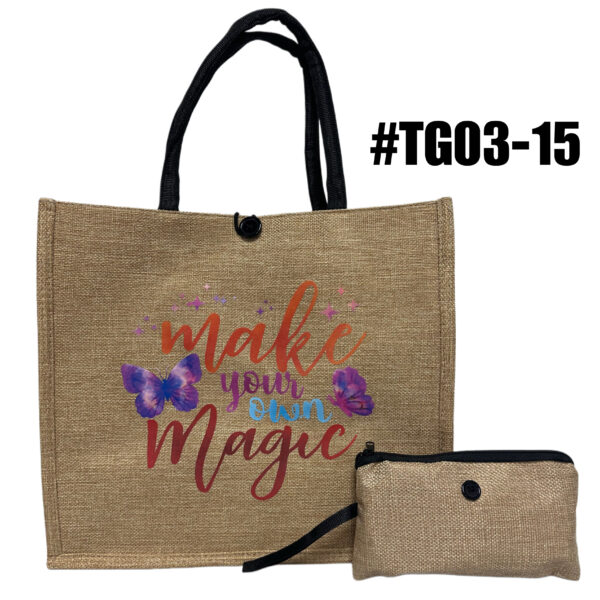 Printed Jute Tote Bag with Mini Cosmetic Pouch - Graphic - Image 3