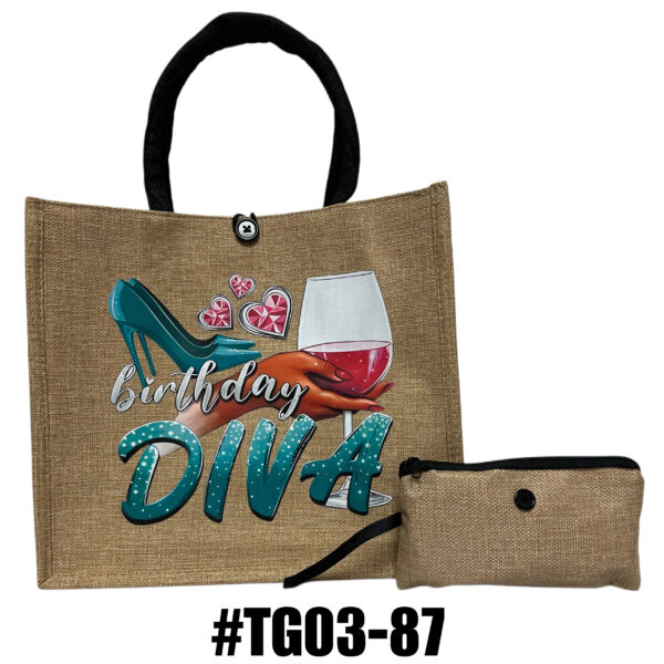 Printed Jute Tote Bag with Mini Cosmetic Pouch - Graphic - Image 6