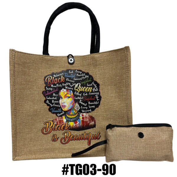 Printed Jute Tote Bag with Mini Cosmetic Pouch - Black Women - Image 3