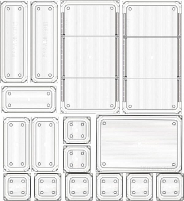 #SN 01-15 16PC Clear Plastic Drawer Organizer Set - Striped Base with 2 Adjustable Trays - Image 2