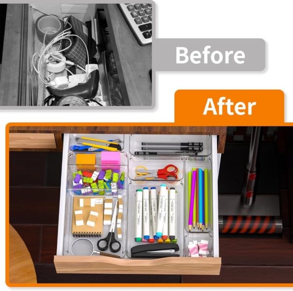 #SN 01-15 16PC Clear Plastic Drawer Organizer Set - Striped Base with 2 Adjustable Trays - Image 4