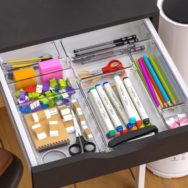 #SN 01-15 16PC Clear Plastic Drawer Organizer Set - Striped Base with 2 Adjustable Trays - Image 5