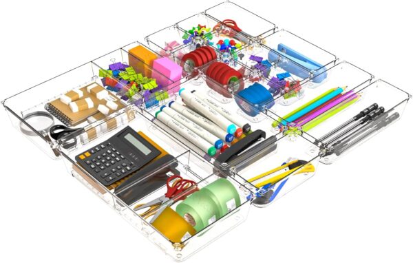 #SN 01-15 16PC Clear Plastic Drawer Organizer Set - Striped Base with 2 Adjustable Trays
