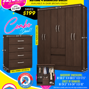 Combo Deal: Flash 6 Door Wardrobe & Astral 4 Drawers Chest of Drawers - Dark Brown Finish