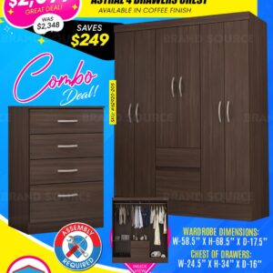 Combo Deal: Flash 6 Door Wardrobe & Astral 4 Drawers Chest of Drawers - Brown Finish