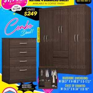Combo Deal: Flash 6 Door Wardrobe & Astral 4 Drawers Chest of Drawers - Coffee Finish