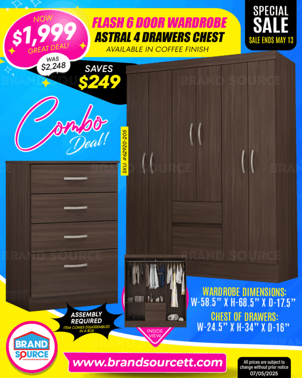 Combo Deal: Flash 6 Door Wardrobe & Astral 4 Drawers Chest of Drawers - Coffee Finish