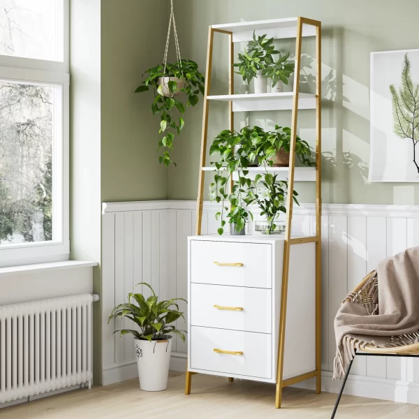 #JZ 01-02 White & Gold Metal & Wood Shelving with 3 Drawers