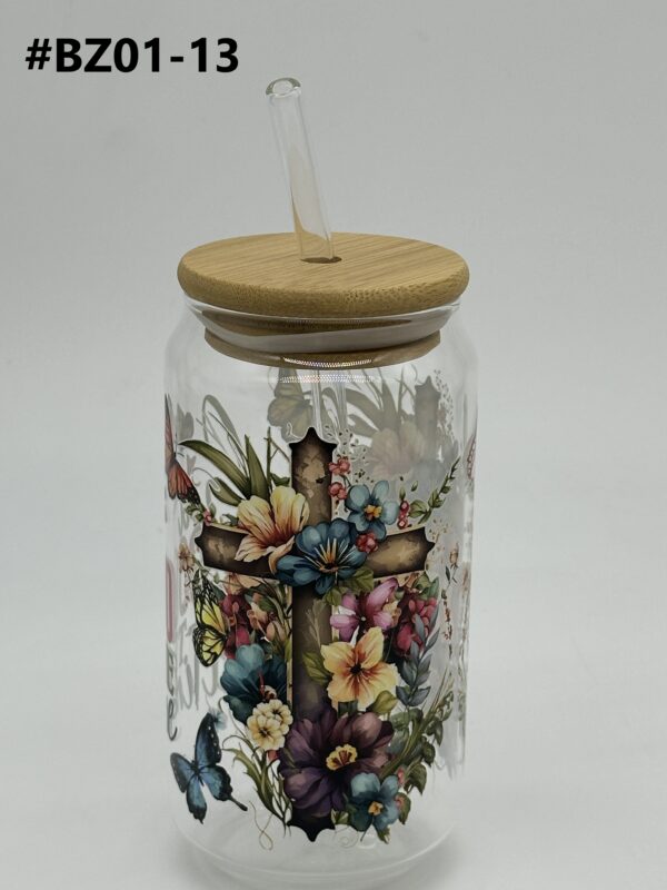 Printed 500ML Glass Cup with Straw & Bamboo Lid - Image 3