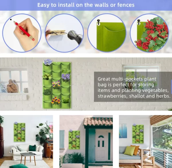 #WH 01-38 Green 20" x 40" Felt Fabri Wall Planter Bag with 18 Deep Pockets - Image 4