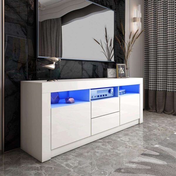 #TV-027 White LED TV Stand with 2 Drawers & Cabinet - Up to a 70" TV