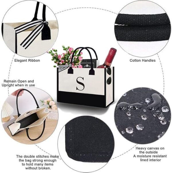 #GY 01-02/03 Initial Beige & Black Canvas Tote Bag with Pouch - Image 8