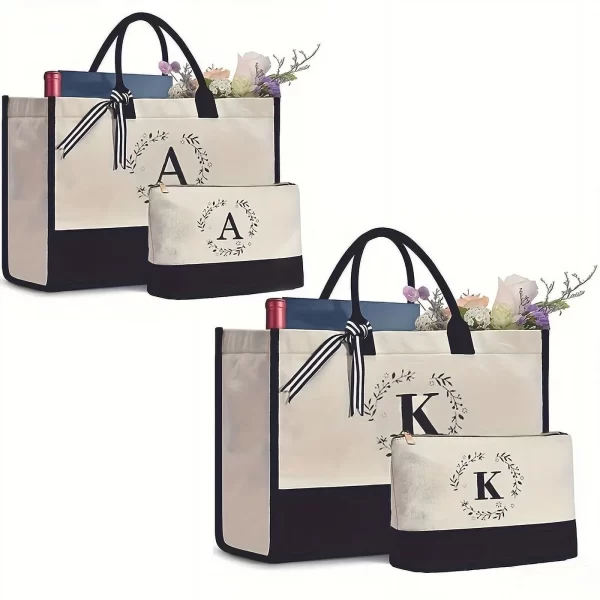 #GY 01-02/03 Initial Beige & Black Canvas Tote Bag with Pouch - Image 3