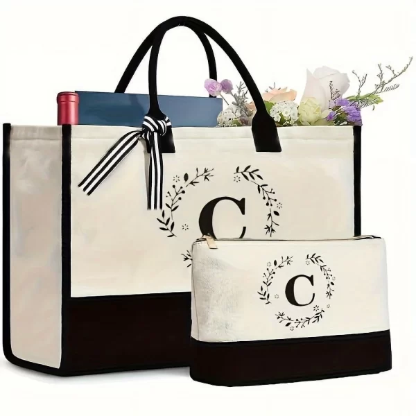 #GY 01-02/03 Initial Beige & Black Canvas Tote Bag with Pouch - Image 2