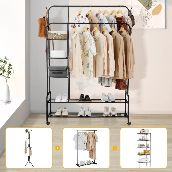 #CR-03-105 Black Metal All in One Clothing Rack on Wheels - Image 3